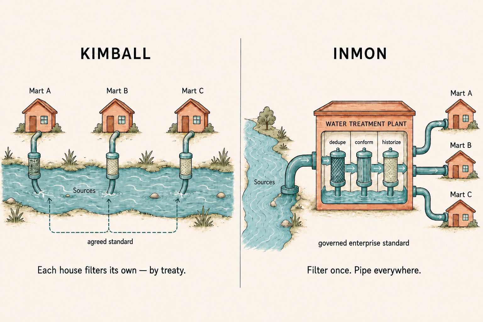 Inmon vs. Kimball, visualized: one central water treatment plant filtering rivers of source data once and piping clean, integrated data to every mart, versus each mart filtering its own bucket from the river under an agreed standard.